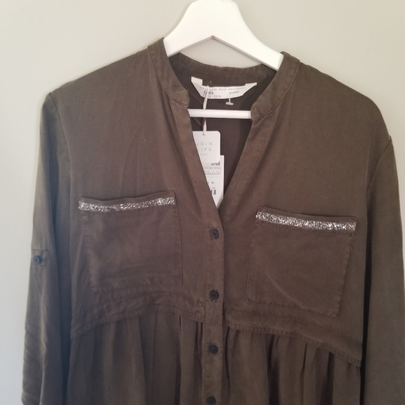 NWT Zara Green Tencel Long Sleeve Collared Military Midi Dress XS - Picture 3 of 8